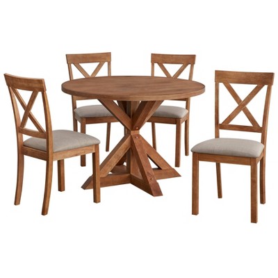 5pc Crenshaw Round Dining Set Driftwood Brown - Buylateral: Solid Rubberwood, Linen Cushion Chairs