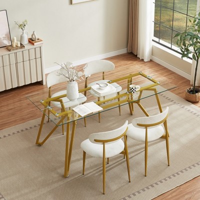 TIRAMISUBEST 70'' Rectangular Glass Dining Table - Modern 6-Person Table w/Sturdy Metal Legs for Kitchen, Dining Room & Office (Gold)