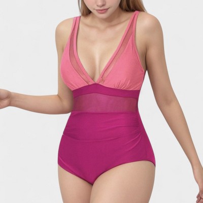Anna-Kaci Swim Women's Deep V Mesh Panel One Piece Swimsuit with Sheer Waist Detail and Adjustable Straps