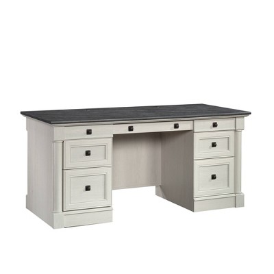 Sauder Palladia 7Drawer Home Office Desk Glacier Oak: Executive Workspace, Keyboard Shelf, Metal Runners, Cable Management Grommets: Laminated MDF