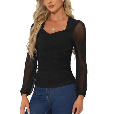 Allegra K Women's Long Sleeve Slim Fit Dressy Casual Wrap Ruched Mesh Blouse