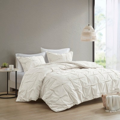 3 Piece Elastic Embroidered Cotton Comforter Set White Full/Queen