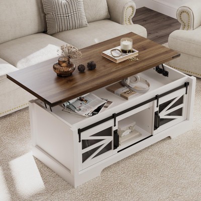 47 Inch Lift Top Coffee Tables with Storage & Sliding Barn Doors, Farmhouse Wood Cocktail Table, Living Room Furniture for Apartments