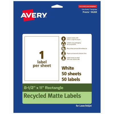 Avery Recycled Matte White Labels,  8-1/2" x 11" Rectangle