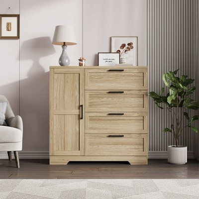 Wood Armoire Wardrobe Closet with 4 Drawers and Door - 43.3" H Bedroom Cabinet with Hanging Rod, Clothing Storage, Dresser with Storage Closet