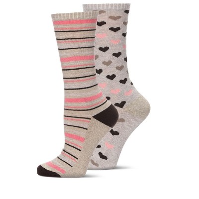 Wellfit 2 Pair Diabetic Heart/Stripe Half Cushion Crew Socks Ivory Heather 9-11