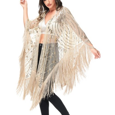 Anna-Kaci Women's Semi Sheer Boho Sequin Fringe Sparkle Drop Shoulder Shrug for Fashion Looks