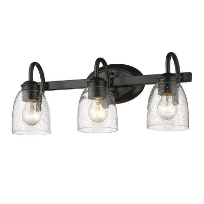 DORESshop 18.89 in. 3-Light Matte Black Modern Bathroom Vanity Light Mirror Wall Light with Black Accents and Seeded Glass Shade
