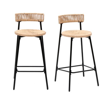 FONTOI 2PCS Round Barstools with Back&Footrest, Hand Woven Bar Stools for Living Room Kitchen Island, Black&White, 15.35"*35"*15.35"