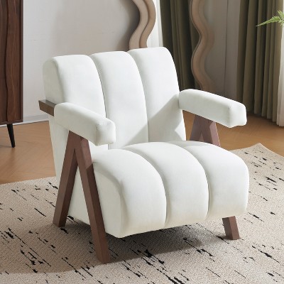 28.5"W Accent Chair, Retro Velvet Upholstered Tufted Arm Chairs for Bedroom, Living Room, Ivory -ModernLuxe