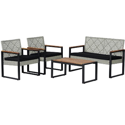 Wilder 4-Piece Modern Coastal Faux Wicker Conversation Outdoor Patio Set - JONATHAN Y
