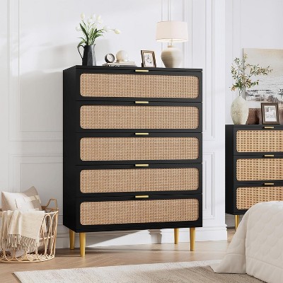 Nasitip 5 Rattan Drawer Dresser for Bedroom, Large Double Dresser with Deep Drawers, Chest of Drawers for Closet with Wide Top