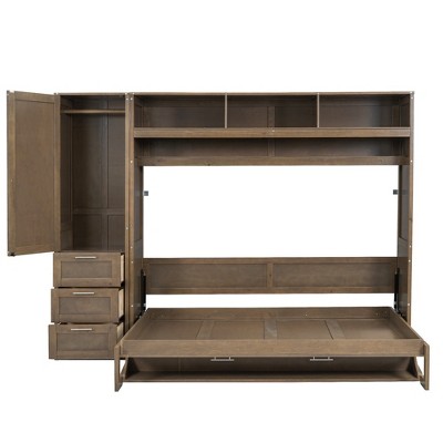 YOOCOZZ Full Size Murphy Bed with Built-in Wardrobe, Drawers, Shelves and Desk Shelf - Natural