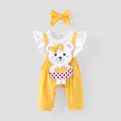 PATPAT Baby Girl Cute Bear Romper Set with Headband, Yellow Ruffled Sleeve Jumpsuits