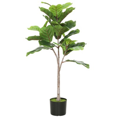 HOMCOM Fake Plant, Artificial Fiddle Leaf Fig Tree, Potted Plant with 28 PEVA Leaves and Flocked Soil, Green