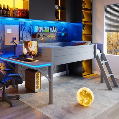 Twin/Full Size Gaming Loft Bed, Wood Bed Frame with Desk and LED, Gray - ModernLuxe