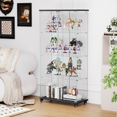 4-Tier Tempered Glass Display Cabinet with Lock & Wheels, Freestanding Storage Cabinet with Acrylic Shelves - ModernLuxe
