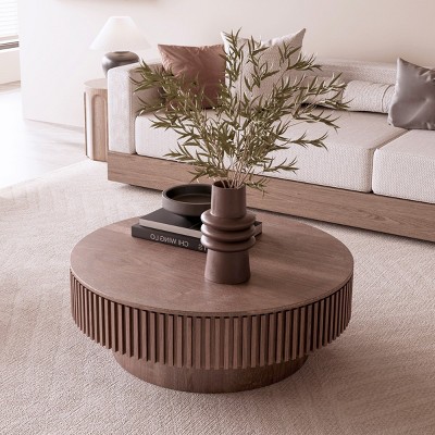 39.37" Large Round Coffee Table with Storage, Solid Wood Veneer Modern Accent Table for Living Room, Bedroom, Apartment or Office-Cuddlewood