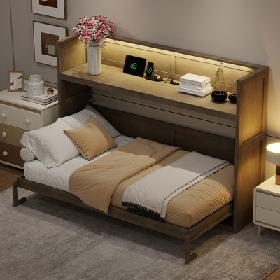 GDFStudio Stuart Wood Twin XL Size Desk Murphy Bed with LED Light and USB Charging Station