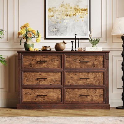 6 Drawers Dresser for Bedroom, Large Double Dresser TV Stand with Metal Handles, Rustic Wood Chest of Drawers, Storage Dressers Organizer