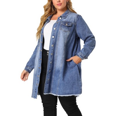 Agnes Orinda Women's Plus Size Stand Collar Buttons Long Sleeve Raw Hem Long Denim Jackets