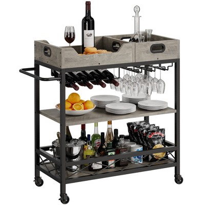 3 Tier The Home Grey Bar Cart with Wheels, Two Portable Trays, Wine Rack, Glasses Holder, Industrial Serving Cart