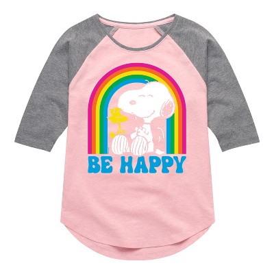 Girls' - Peanuts - Be Happy Rainbow Shirt Tail Raglan Graphic T-shirt