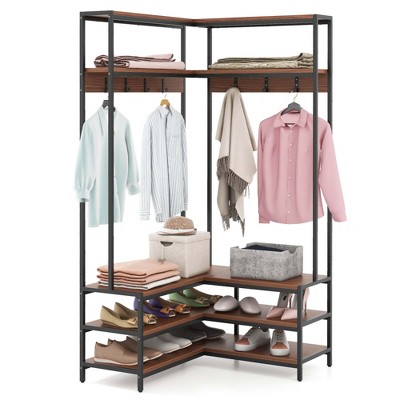 Costway Corner Garment Rack L-shaped Clothes Rack with Open Shelves & Adjustable Foot Pads Rustic Brown/Walnut/White