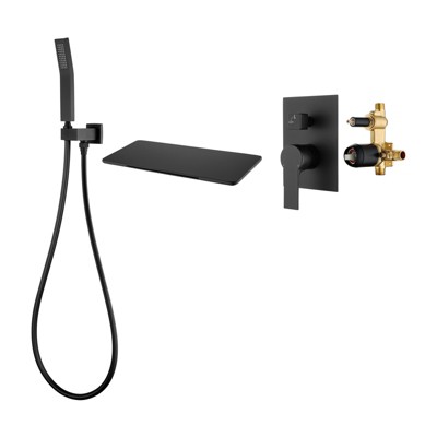 Cobbe Matte Black Wall Mounted Bathtub Shower Faucet Set with Waterfall Bathtub Spout Handheld Showerhead and 59-Inch Hose Single Handle with Valve