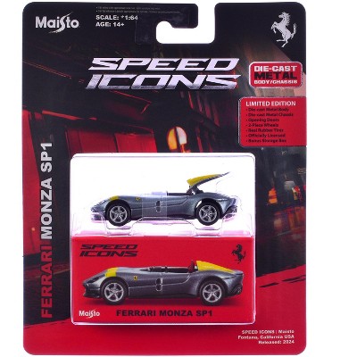 Ferrari Monza SP1 Silver Metallic with Yellow Stripes "Speed Icons" Series 1/64 Diecast Model Car by Maisto