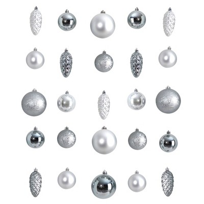 Nearly Natural Holiday Christmas 23 Count 4in. Lux Shatterproof Ornament Set with Re-Usable Storage Container, Silver