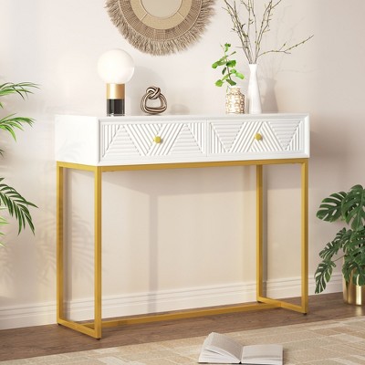 NicBex Modern Sleek Console Table for Entryway,Sofa Table with Stripe Design Drawers & Gold Metal Legs,Behind the Couch Table for Living Room