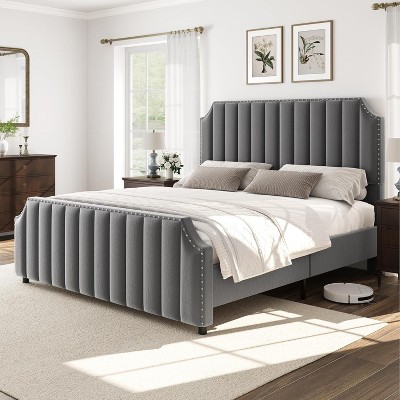 Nasitip Velvet Bed Frame-Upholstered Headboard, Footboard with Nailhead Trim, No Box Spring Needed, Solid Wood Slats, Noise Free