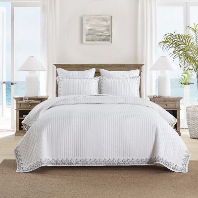 Marcielo 3-Pcs 100% Cotton White Striped Quilt Bedspread Set Embroidery White King