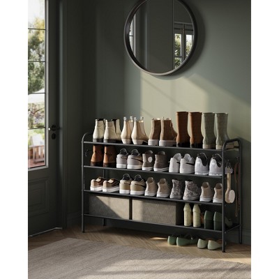 SONGMICS Shoe Rack, 4 Tier Shoe Organizer, Fabric Shoe Shelf Storage with 4 Hooks, Holds up to 24 Pairs of Shoes, Height-Adjustable Shoe Rack, Black