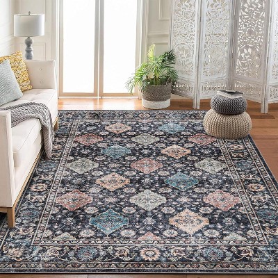 Acekool Washable Area Rug, Soft Distressed Low Pile Non-Slip Vintage Carpet, Foldable Indoor Floor Rug for Living Room, Bedroom
