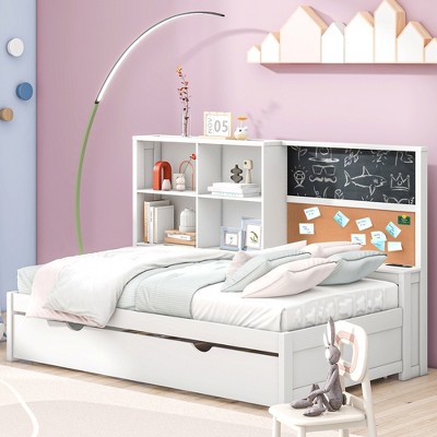 Whisen Daybed with Storage Shelves, Blackboard, Cork board, USB Ports and Twin Size Trundle