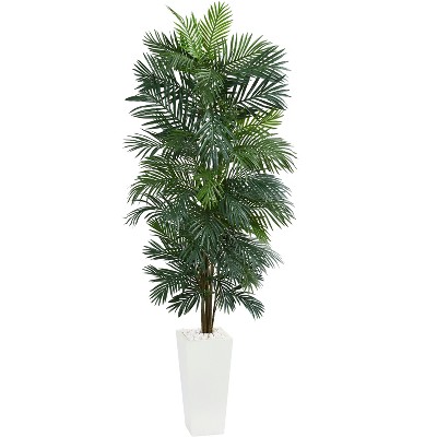 Nearly Natural 7-ft Areca Artificial Tree in White Tower Planter