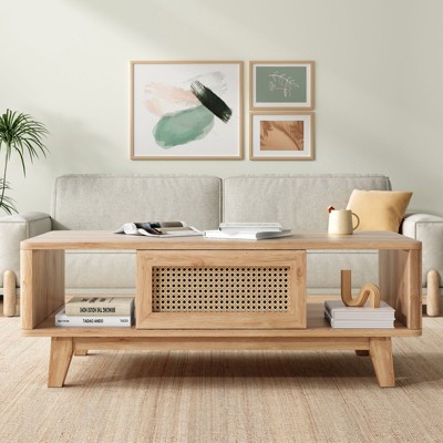 CAVINAS Modern Square Coffee Table with Rattan Drawer,Wooden Accent Table with Wood-textured Finish,Modern Coffee Table for Living Room