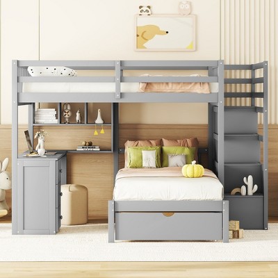 Whisen Full Over Twin Bunk Bed with Built-in Desk, Shelves, Multiple Drawers and Storage Staircase