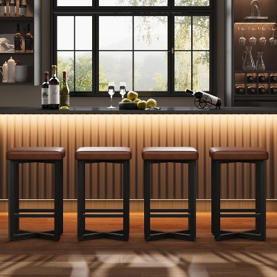 Bar Stools Set of 4, 24.6" Upholstered Counter Height Bar Stools with Metal Frame & Footrest, Modern Backless Kitchen Barstools with PU Leather