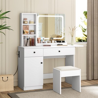Jojoka Makeup Vanity Desk with Mirror and Lights, Adjustable LED Lighting, Charging Station, Drawers, Shelves, Cabinet & Stool