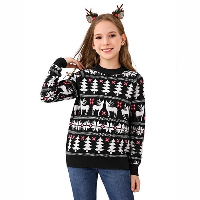 Family Christmas Sweater Reindeer Snowflake Pattern Crew Neck Holiday Pullover Knitwear