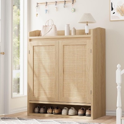Rattan Shoe Cabinet – 5-Tier Storage Organizer with Adjustable Shelves & Dual Doors