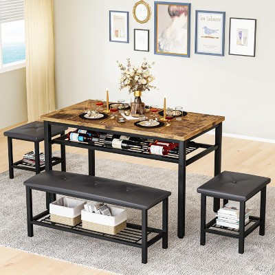 Hooseng Dining Table Set for 4, Industrial Dining Table Set with Bench and 2 Short Stool, Dinner Table with Metal Frame and Storage Shelf