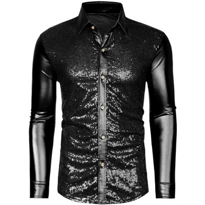 Lars Amadeus Men's Shiny Sequins Slim Fit Long Sleeves Button Down Disco Party Shirt
