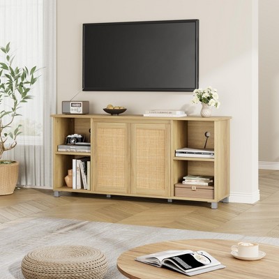 70" Boho TV Stand for Living Room - Entertainment Center with 2 Rattan Doors & 4 Open Shelves