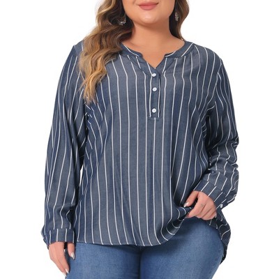 Women's Plus Size V Neck Striped Long Sleeve Button Down Blouses - Agnes Orinda