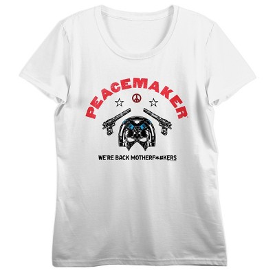 Peacemaker TV Series DC Comics Character, American Superhero, Eat Peace, We're Back Mother F*#ckers, Mask, Gun, Star, Icon, on White Short Sleeve