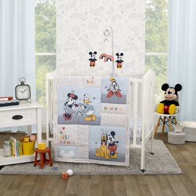 Disney Mickey and Friends Blue, Oatmeal, and Red 3 Piece Nursery Mini Crib Bedding Set - Comforter and Two Fitted Mini Crib Sheets